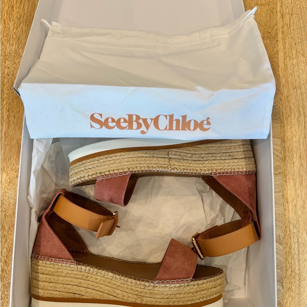 SEE BY CHLOE GLYN PLATFORM ESPADRILLE SANDALS PINK SUEDE & TAN LEATHER SIZE 42 - Picture 6 of 9